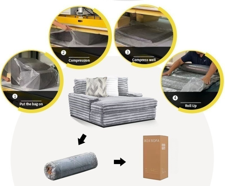 Modular Compressed Sofa with Vaccum compressed then rolled by machine to pack in the standard carton with saved cost