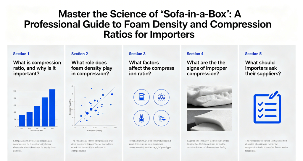 帮我生成图片:Master the Science of "Sofa-in-a-Box": A Professional Guide to Foam Density and Compression Ratios for Importers. 1. Shénme shì yāsuō bǐ, wèishéme zhòngyào? 2. Pàomò mìdù zài yāsuō zhōng qǐ shénme zuòyòng? 3 Nǎxiē yīnsù yǐngxiǎng yāsuō bǐ? 4 Yāsuō bùdāng de jìxiàng yǒu nǎxiē? 5 Jìnkǒu shāng yīng xiàng gōngyìng shāng xúnwèn shénme? 81 1. What is compression ratio, and why is it important? 2. What role does foam density play in compression? 3. What factors affect the compression ratio? 4. What are the signs of improper compression? 5. What should importers ask their suppliers?