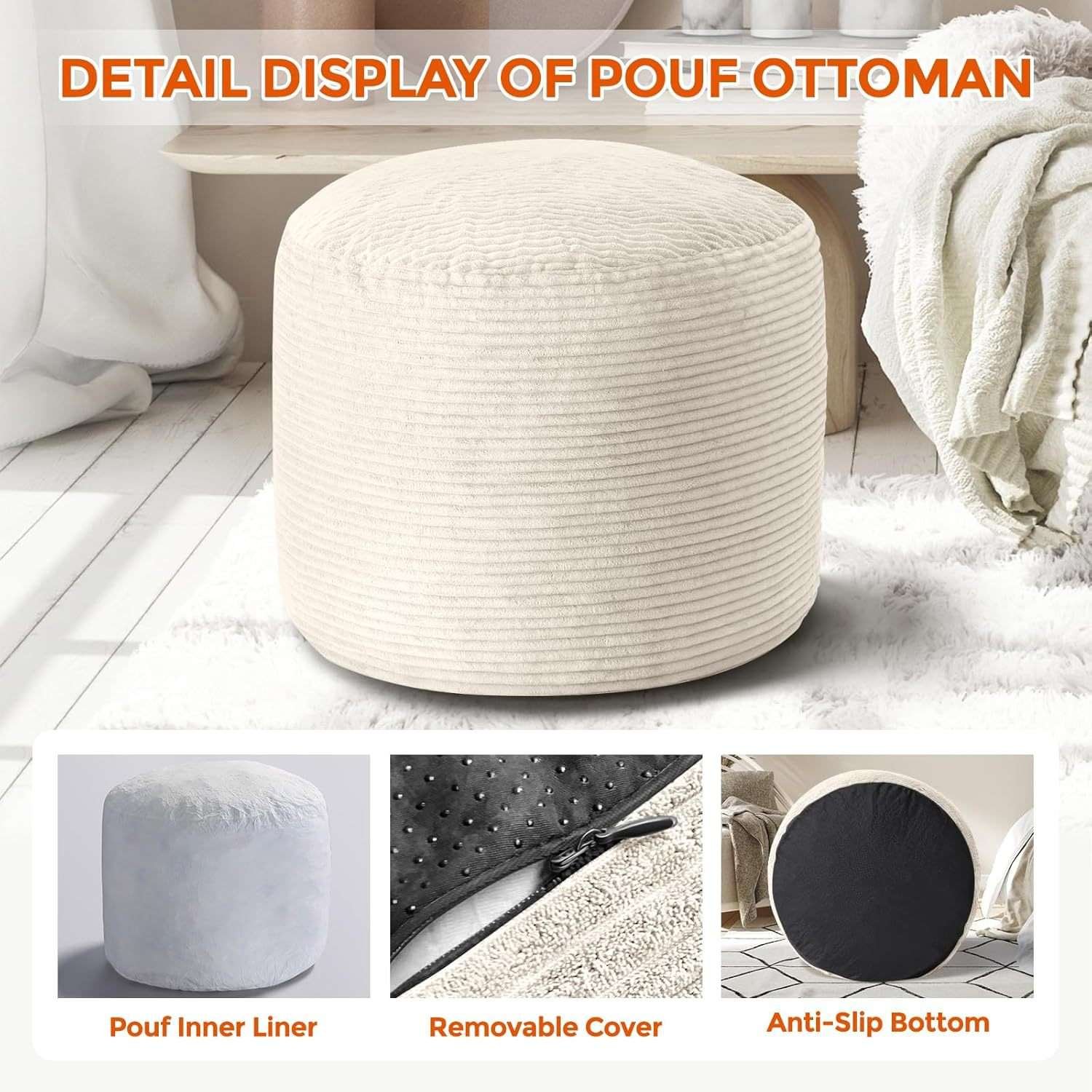 Vacuum Compress Round Seat Pouf Ottoman Pedal for Living Room