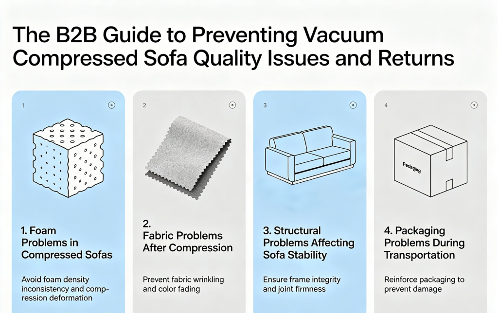 The B2B Guide to Preventing Vacuum Compressed Sofa Quality Issues and Returns :1. Foam Problems in Compressed Sofas 2. Fabric Problems After Compression 3. Structural Problems Affecting Sofa Stability4. Packaging Problems During Transportation.
