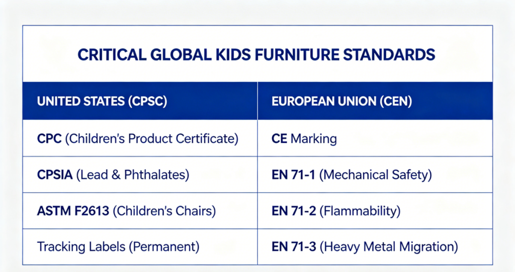 CRITICAL GLOBAL KIDS FURNITURE STANDARDS,UNITED STATES (CPSC) | EUROPEAN UNION (CEN) | | | | | • CPC (Children's Product Cert.) | • CE Marking | | • CPSIA (Lead & Phthalates) | • EN 71-1 (Mechanical Safety) | | • ASTM F2613 (Children's Chairs) | • EN 71-2 (Flammability) | | • Tracking Labels (Permanent) | • EN 71-3 (Heavy Metal Migration)