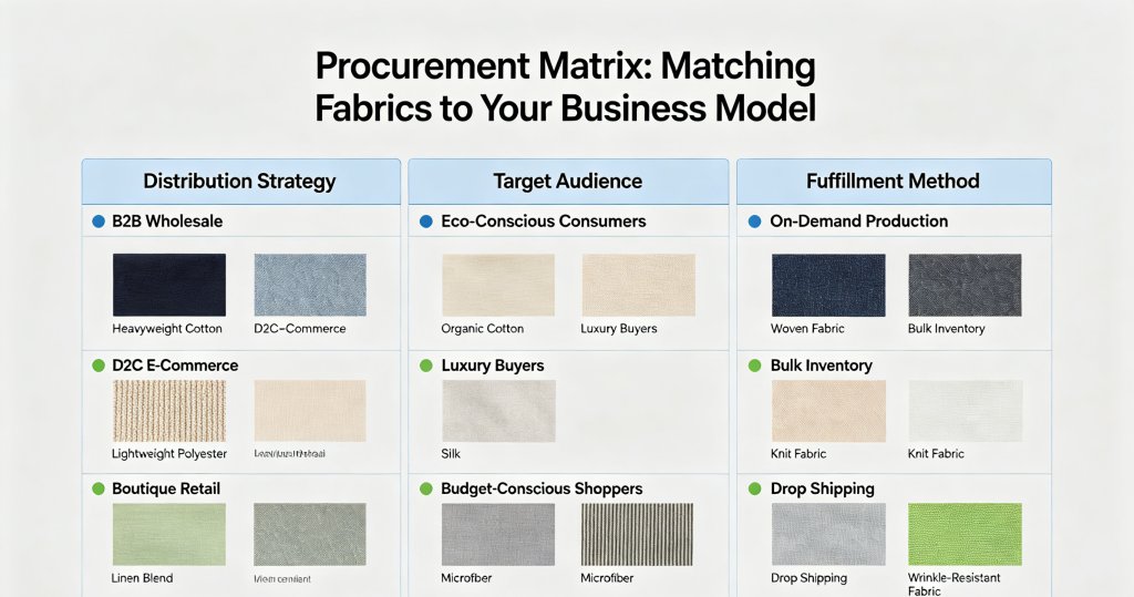 Procurement Matrix: Matching Fabrics to Your Business Model Your fabric selection should align perfectly with your distribution strategy, target audience, and fulfillment method: