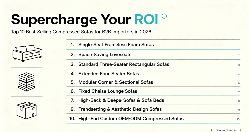 Supercharge Your ROI: Top 10 Best-Selling Compressed Sofas for B2B Importers in 2026 1. Single-Seat Frameless Foam Sofas 2. Space-Saving Loveseats (Two-Seaters) 3. Standard Three-Seater Rectangular Sofas 4. Extended Four-Seater Sofas 5. Modular Corner & Sectional Sofas 6. Fixed Chaise Lounge Sofas (Integrated Configuration) 7. Functional Sleeper Sofas & Sofa Beds 8. High-Back & Deep-Seat Comfort Sofas 9. Trendsetting & Aesthetic Design Sofas 10. High-End Custom (OEM/ODM) Compressed Sofas