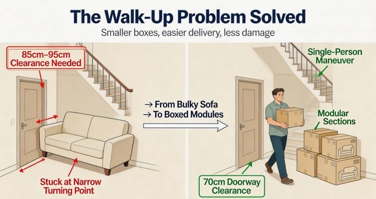 The Walk-Up Problem: Dimensions & Logistics The average narrow apartment hallway or stairwell turning point measures around 75cm to 80cm in width. Traditional 3-seater sofas often require a clearance path of at least 85cm to 95cm, making delivery nearly impossible without removing door frames. A modular compressed sofa solves this through smart packaging metrics: The 70cm Doorway Clearance: Compressed sofas are divided into modular sections and vacuum-sealed. Each boxed module measures well under 50cm × 50cm × 80cm, allowing a single person to navigate 70cm doorways, tight elevator doors, and 90-degree stairwell turns effortlessly. Volume Compression (CBM Reduction): Vacuum-packing technology reduces the original product packaging volume (CBM) by 60% to 70%. This compact footprint minimizes ocean freight fees and parcel shipping costs without damaging the internal structure.