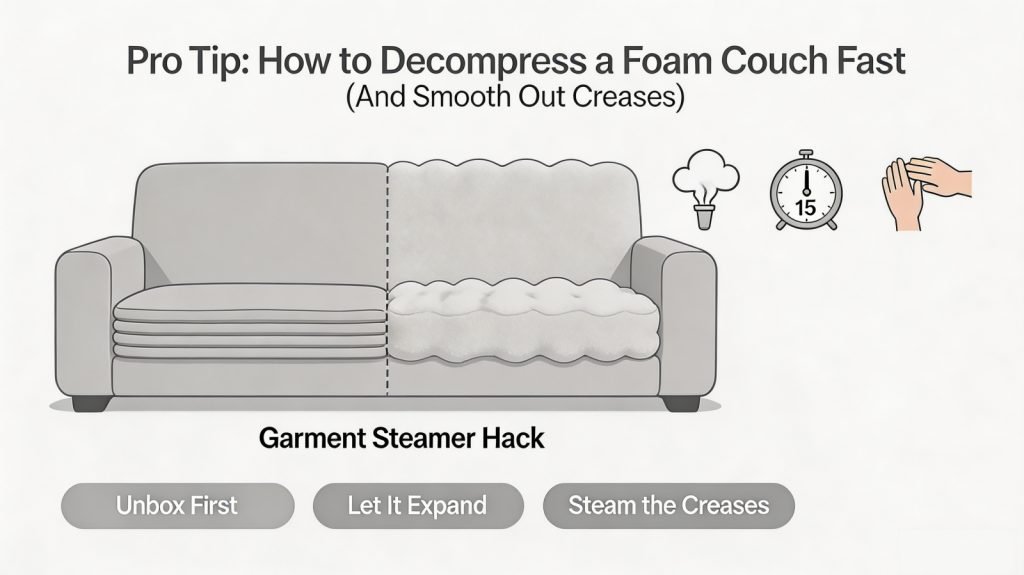 After unboxing, high-density foam naturally expands to about 90% of its shape within a few hours. However, if you are eager to use your furniture immediately and want to know how to decompress a foam couch fast while removing transit creases, use a simple garment steamer hack: Unbox & Let It Breathe: Lay all modular sections flat in a warm, well-ventilated room. Warmth naturally speeds up foam cell expansion. Apply Targeted Steam: Hold a handheld garment steamer 1 to 2 cm away from the upholstery. Smooth the Surface: As the gentle steam penetrates the fabric, gently pull the edges taut with your free hand. The combination of mild heat and moisture activates the foam’s shape-memory structure, speeding up full decompression while effortlessly smoothing out surface packaging wrinkles within minutes.