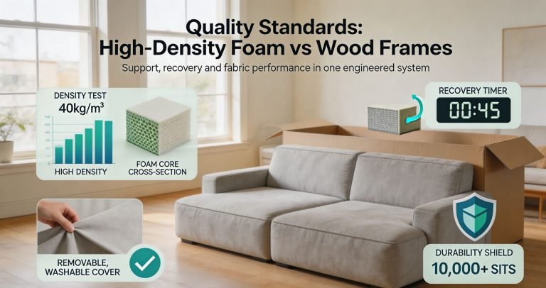 Many consumers worry that box-shipped sofas lack proper seating support or sag over time. Cheap compressed couches fail because they rely on low-grade 20D–25D recycled fillers. However, premium modular compressed sofas utilize advanced foam architecture to ensure high support and rapid recovery: 30D–55D High-Resilience Pure Foam: Density is the primary indicator of durability. Quality compressed sofas use 30D to 55D high-resilience pure foam cores, creating an ergonomic "spring-back" structural effect. This firm, supportive base rivals mid-range timber frames without the risk of joint creaking or frame breakage. Precision Expansion & Recovery Rate: A properly engineered foam sofa requires a 72-hour post-compression aging test during manufacturing. Upon unboxing, high-resilience pure foam expands to 95%+ of its original volume within 24 hours, achieving 100% full recovery with zero corner sagging within 48 to 72 hours. Wrinkle-Free, Washable Covers: High-end compressed designs utilize composite fabric lamination (such as corduroy, bouclé, or heavy velvet) paired with OEKO-TEX Standard 100 certification. The fabric layers stretch evenly as the foam expands, preventing permanent surface creasing.