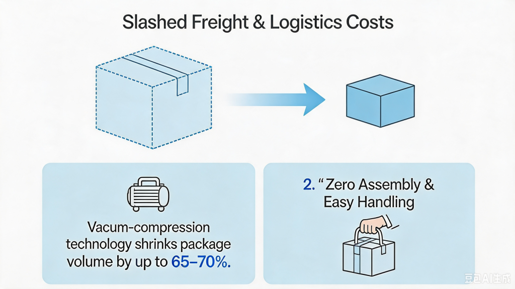 Slashed Freight & Logistics Costs: for compressed sofa Vacuum-compression technology shrinks package volume by up to 65–70%. You can load 2 to 3 times more units per container, dramatically reducing landed costs and local courier surcharges for e-commerce delivery.