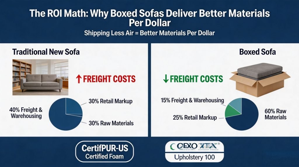 The primary reason traditional new sofas carry steep price tags isn't always superior raw materials—it is the massive inefficiency of shipping hollow air. A conventional rigid sofa occupies roughly 1.2 to 1.5 cubic meters (CBM) inside shipping containers and delivery trucks.A common concern among budget buyers is whether a frameless or modular compressed couch will sag within months. The secret to longevity comes down to selecting a high density foam couch in a box.
