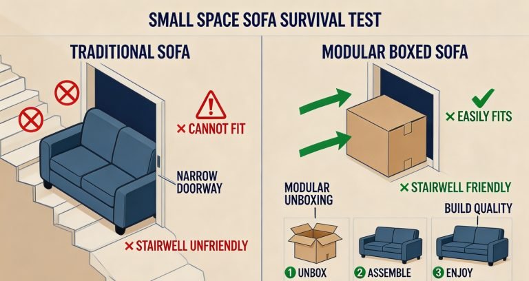 Moving furniture into a high-rise apartment or a narrow walk-up building is a physical nightmare. Standard traditional sofas—with rigid wooden frames and bulky 90cm-plus depths—frequently get stuck in stairwells, scrape doorway frames, or require expensive specialized delivery services just to clear the entrance. For apartment dwellers, the sofa-in-a-box concept seems like the ultimate problem solver. But one major concern remains: If a couch arrives vacuum-sealed in a compact box, is it just cheap temporary foam that collapses after a few months? Here is the truth: A high-quality Modular Compressed Sofa does not compromise on structural support.