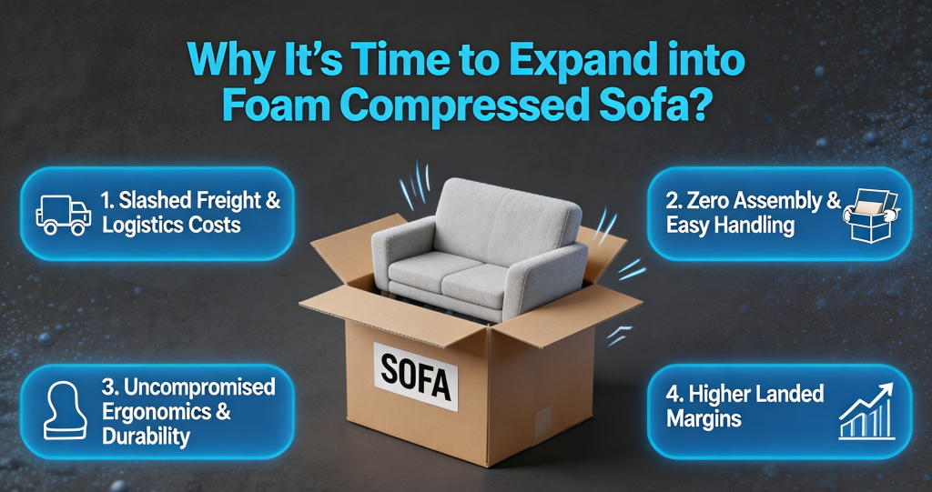 Why It’s Time to Expand into Foam Compressed Sofa?1.Slashed Freight & Logistics Costs .2.Zero Assembly & Easy Handling.3.Uncompromised Ergonomics & Durability. 4.Higher Landed Margins.