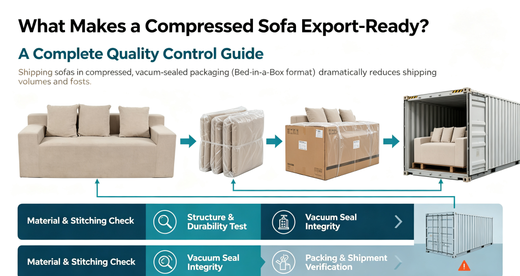 What Makes a Compressed Sofa Export-Ready? A Complete Quality Control Guide Shipping sofas in compressed, vacuum-sealed packaging (Bed-in-a-Box format) dramatically reduces shipping volumes and freight costs. However, compression also introduces unique manufacturing challenges. Unlike standard furniture, a compressed sofa must withstand heavy pressure, maintain an airtight seal during long ocean transit, and fully recover its original shape once unboxed.