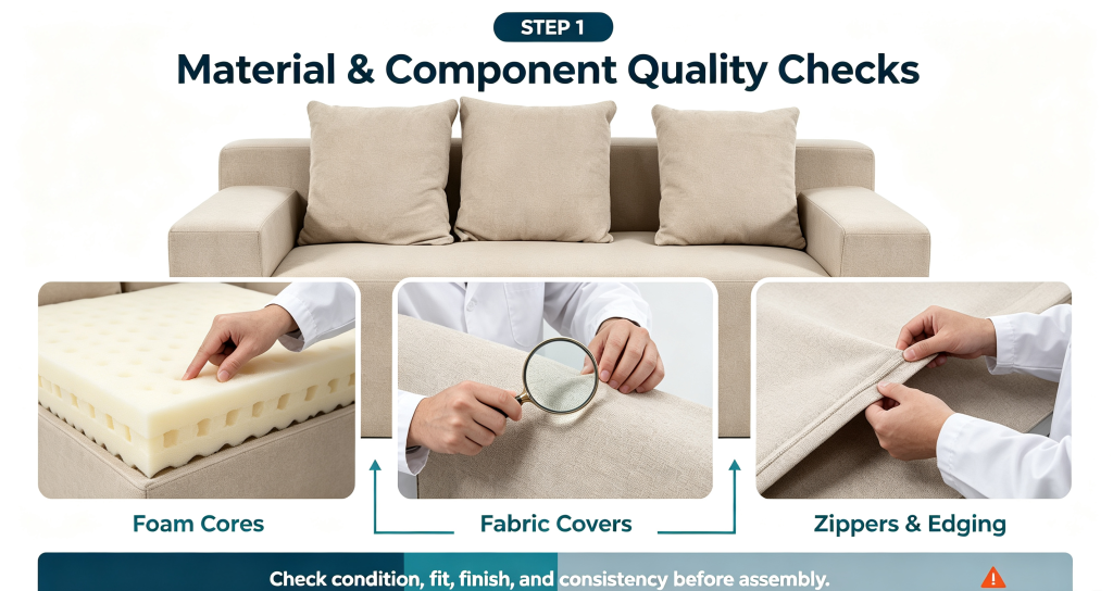 Step 1: Material & Component Quality Checks Quality control starts long before assembly begins. Any raw material with defects should be identified and removed before reaching the production line. Foam Cores: Must be clean, uniform, and free from dirt, warping, glue marks, or foreign debris. Fabric Covers: Inspected for tears, pulled threads, color consistency across batches, and stains. Zippers & Edging: Zippers should slide smoothly without snagging, and edge trims must remain crisp and clean.