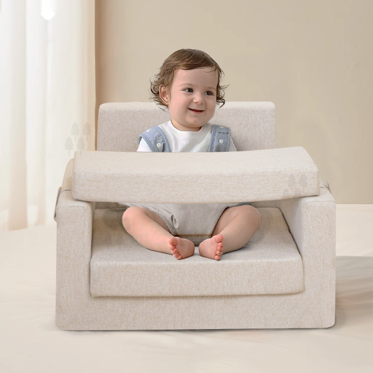 Square chair for your baby to hang out, sit up, and interact with toys on the removable tray; Recommended for babies 6 months and older Features stimulators for your baby like a crinkle, peek-a-boo flap, squeakers, and movable characters With a carrying handle and weighing only 2 pounds, you can take this portable chair with you anywhere Beautiful embroidery and applique adds style to the nursery and more sensory aspects .