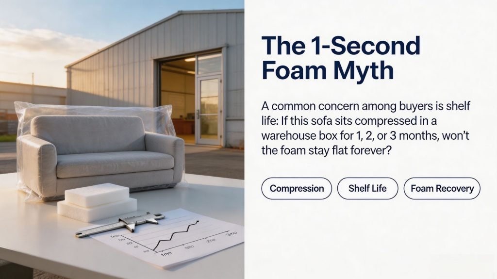 The 1-Second Foam Myth A common concern among buyers is shelf life: *If this sofa sits compressed in a warehouse box for 1, 2, or 3 months, won't the foam stay flat forever?